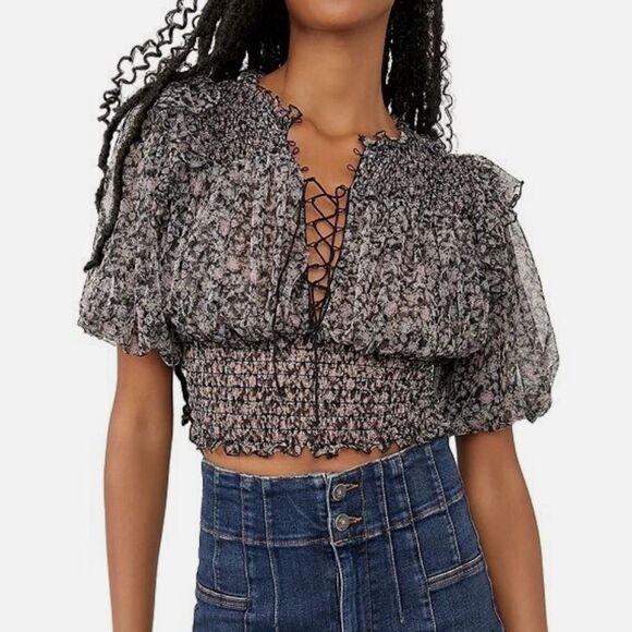 Free People Beatrice Smocked Floral Mesh Semi Sheer Top Size S - Picture 1 of 8